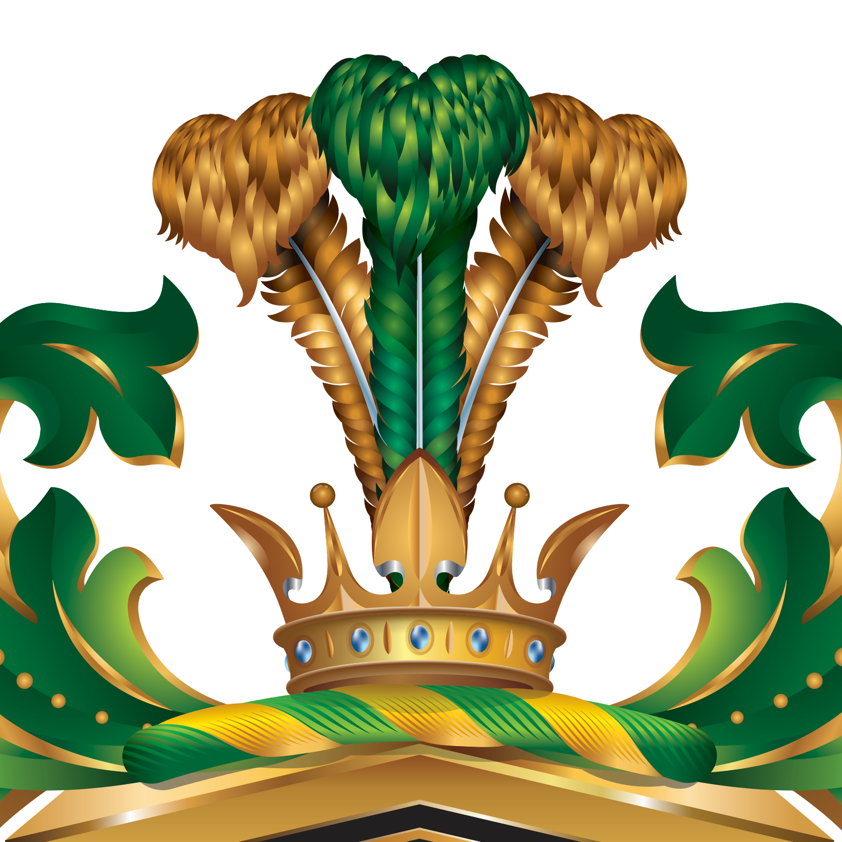 Wilson_Family_Crest_detail_close_up_of a crown, green fand gold eathers, and gold accents on a white background