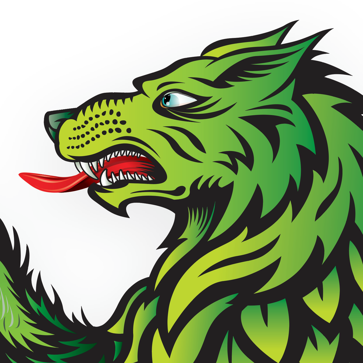 Wilson Family Crest detail close up of green wolf head with open mouth on a white background