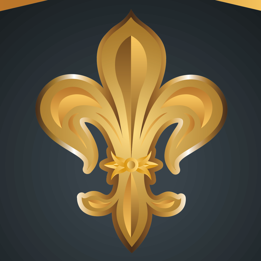 Wilson Family Crest detail close up of gold fleur-de-lis symbol on a dark background