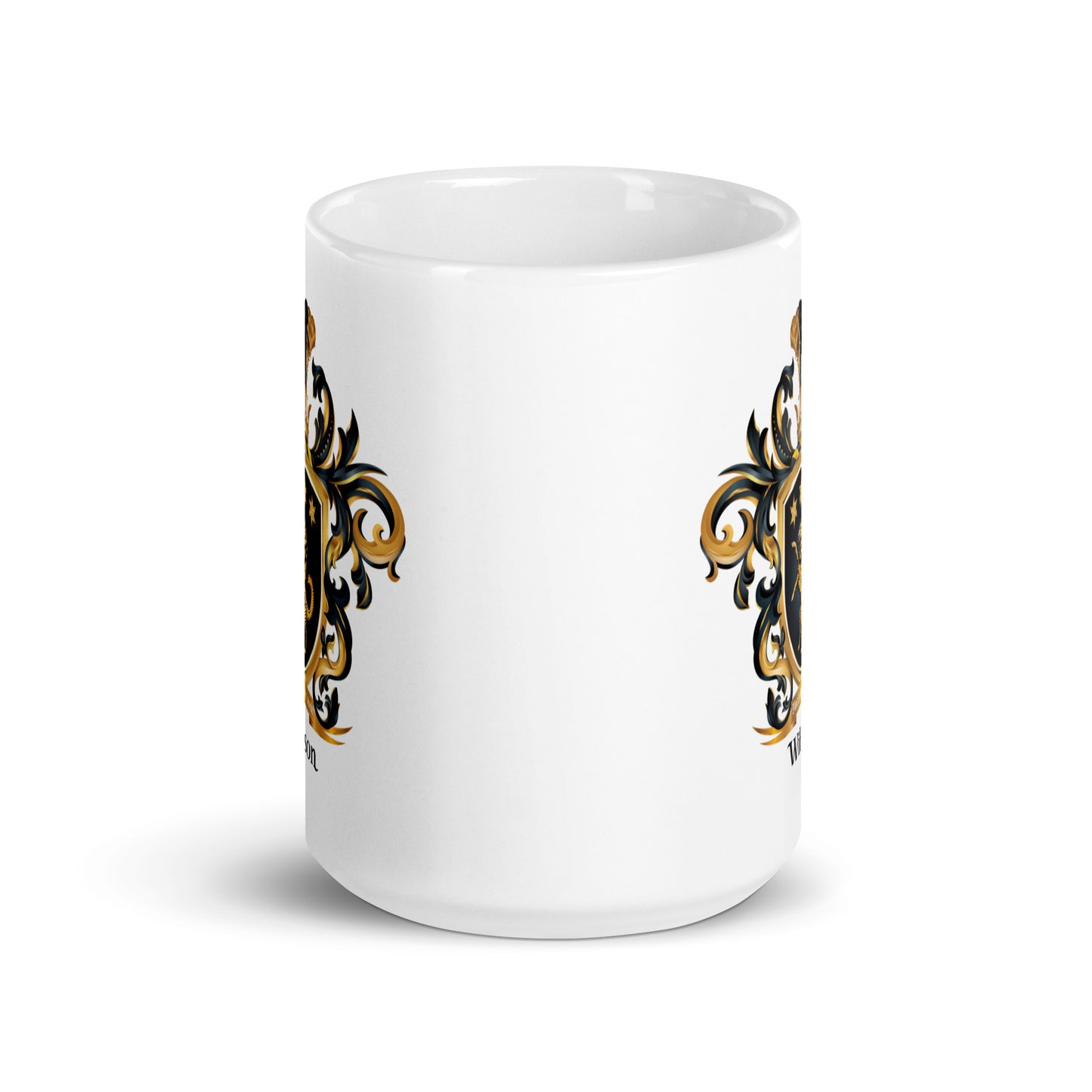 A white mug showing the Wilson Family Crest printed twice on the mug