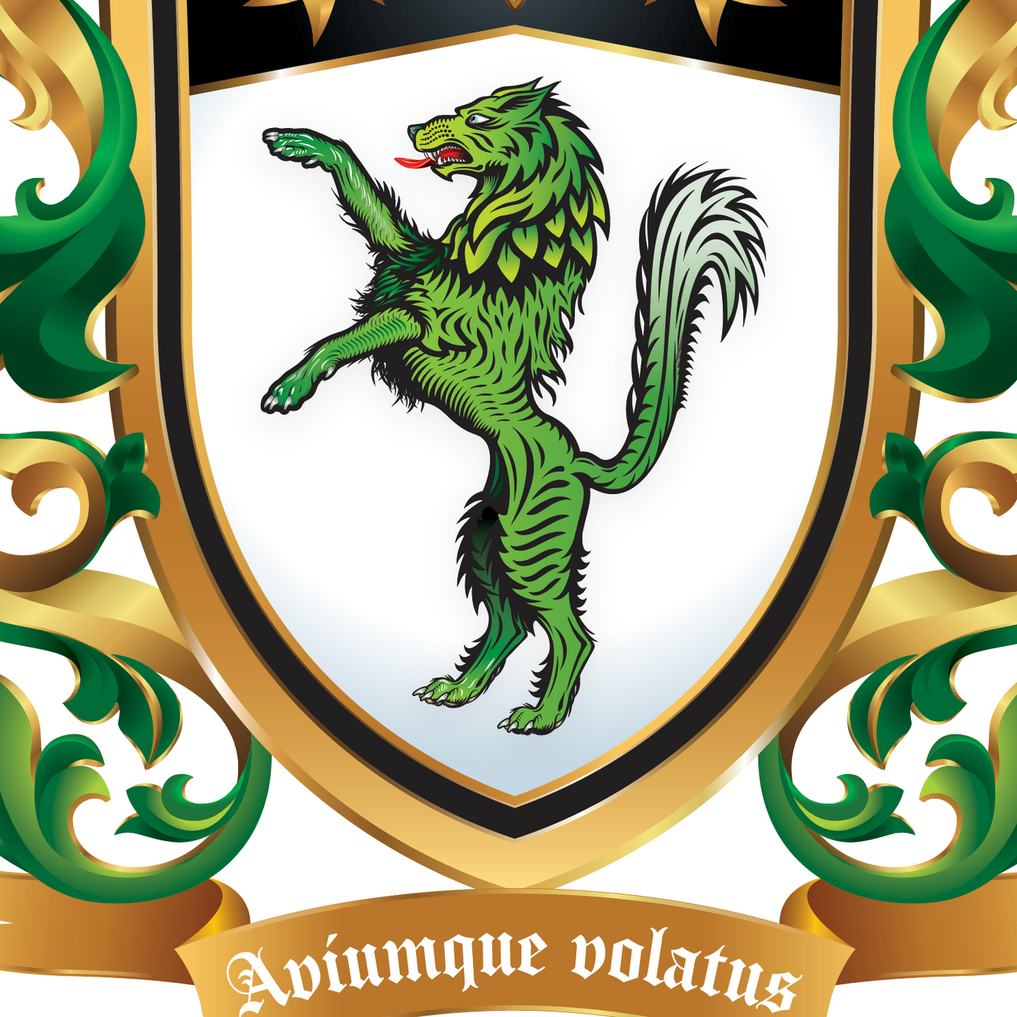 Close up of Wilson Family Crest green wolf and crest motto