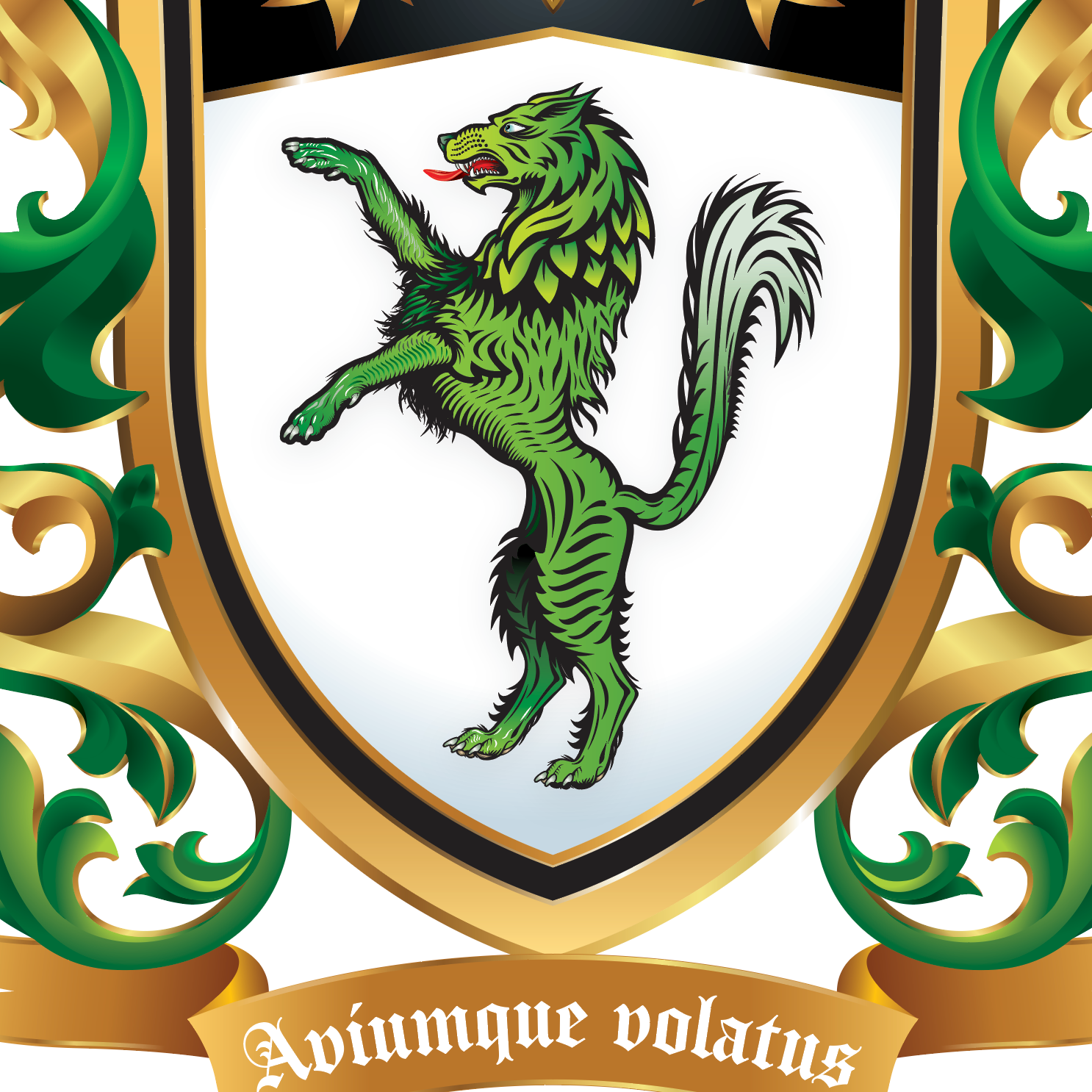 Close up of Wilson Family Crest green wolf and crest motto