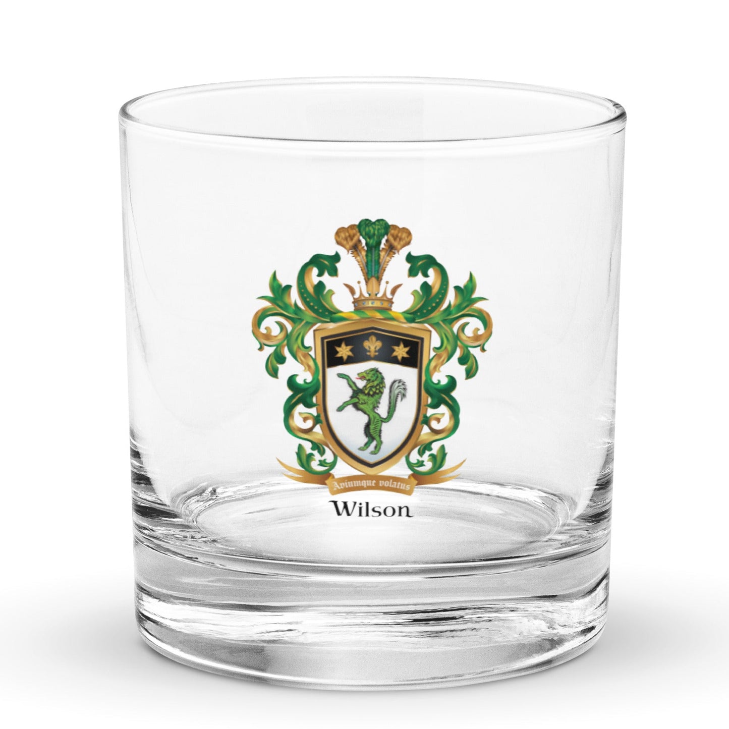 Wilson Family Crest green wolf rocks glass on white background