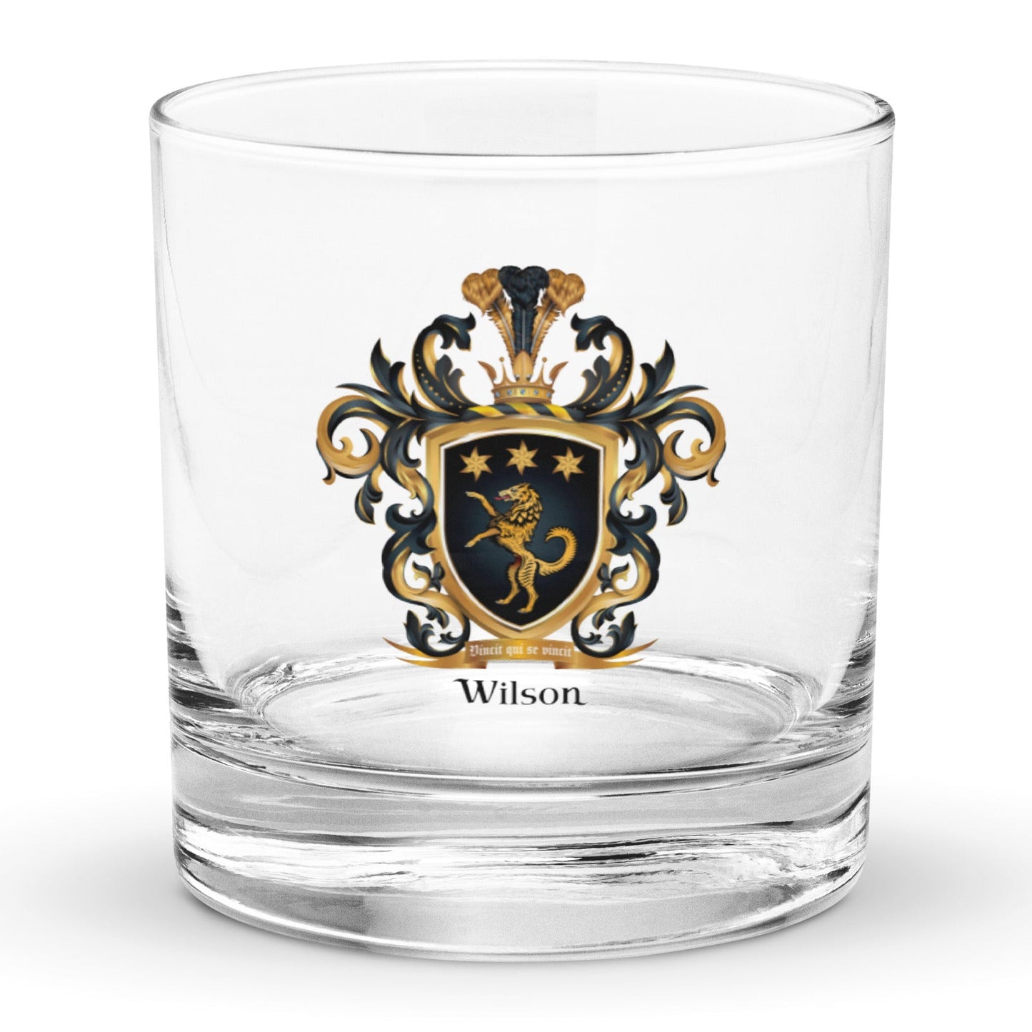 Wilson Family Crest rocks glass featuring coat opf arms with golden wolf abd gold stars in a black shield