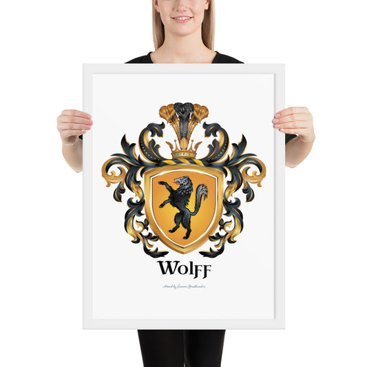 A woman holding a Wolff Family Crest framed artprint-Family Crests Store