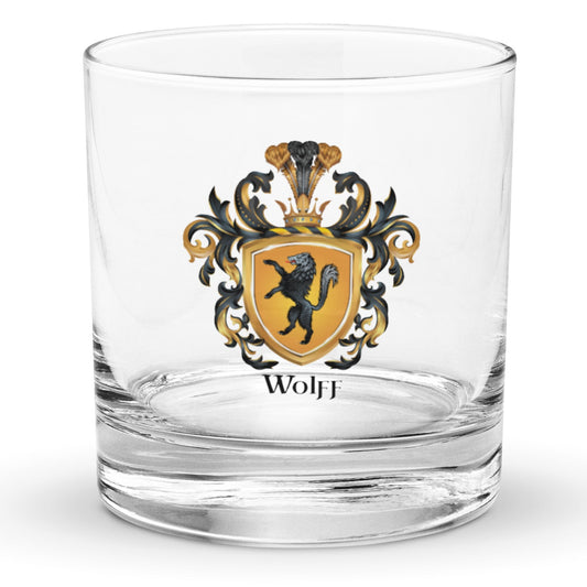 The Wolff Family Crest on a classic Rocks Glass-Family Crests Store