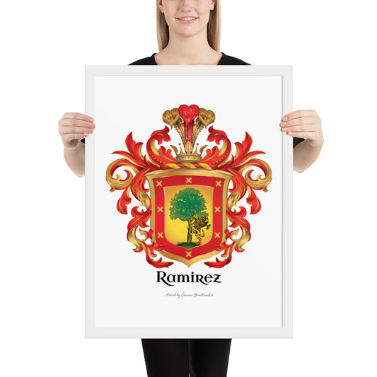 A woman holding a white-framed print of the Ramirez Family Crest featuring a lion and an oak tree.