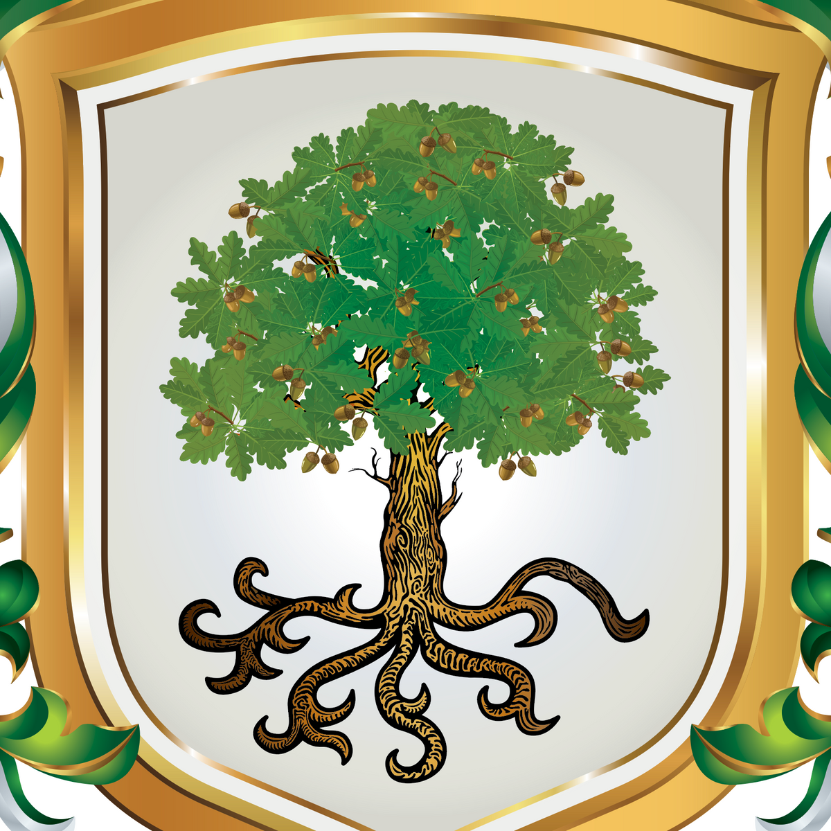 A close up of the Wood Family Crest with an oak tree with a green leafy canopy, brown trunk, and exposed roots inside a white with decorative green mantling at the sides.