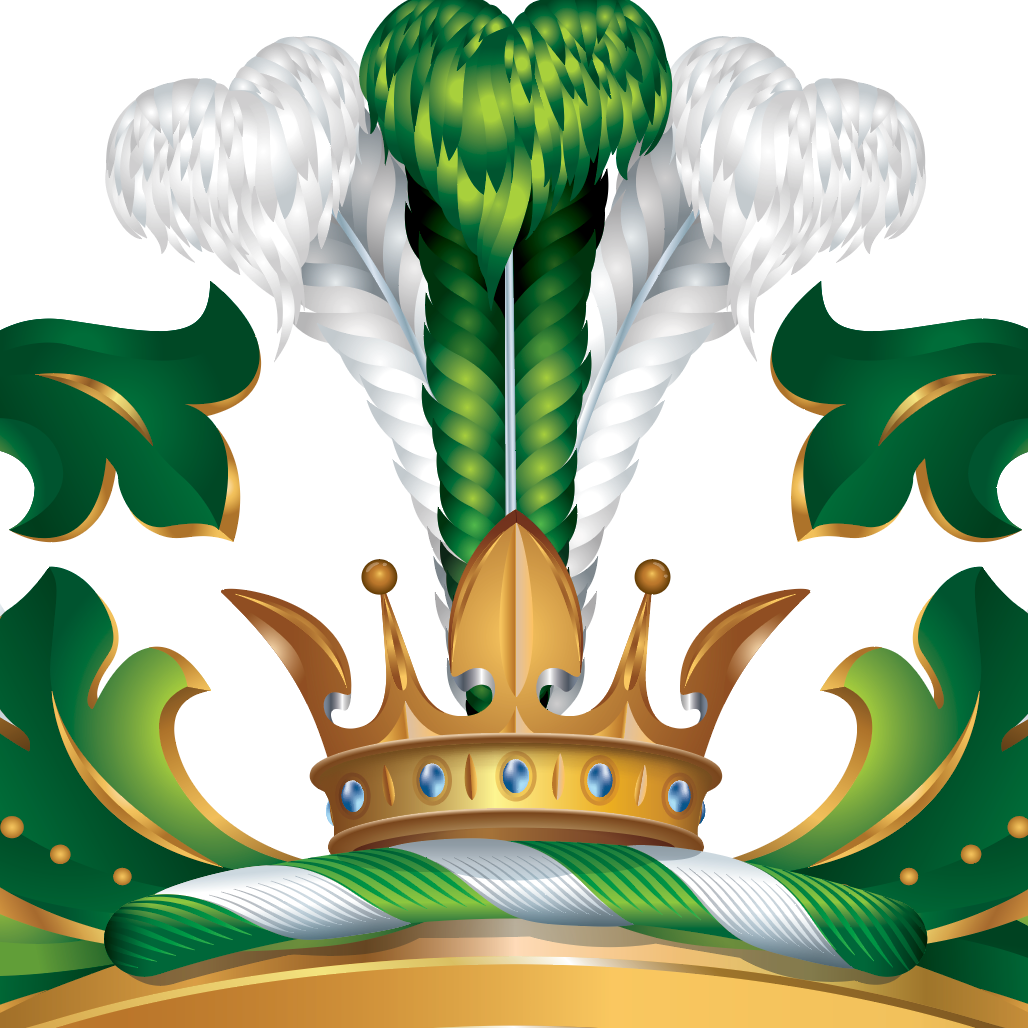 A close up of the Wood Family Crest with a gold crown, feathers, and green mantling on a white background.