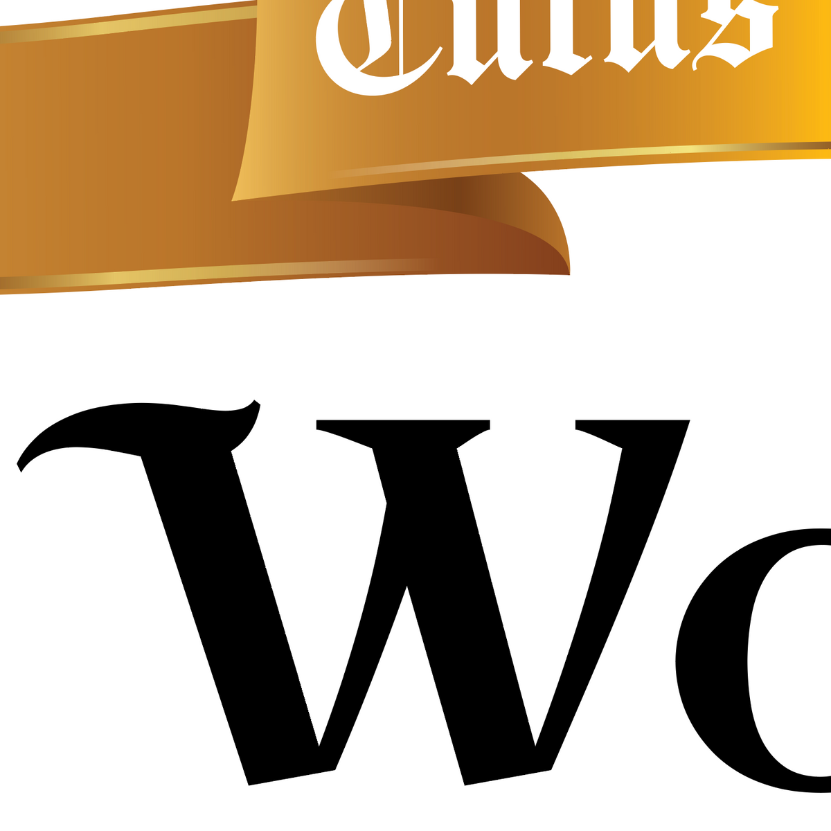 A close up of the Wood Family Crest with a gold motto ribbon banner with white gothic lettering at the top and large black serif letters W and O at the bottom on a white background.