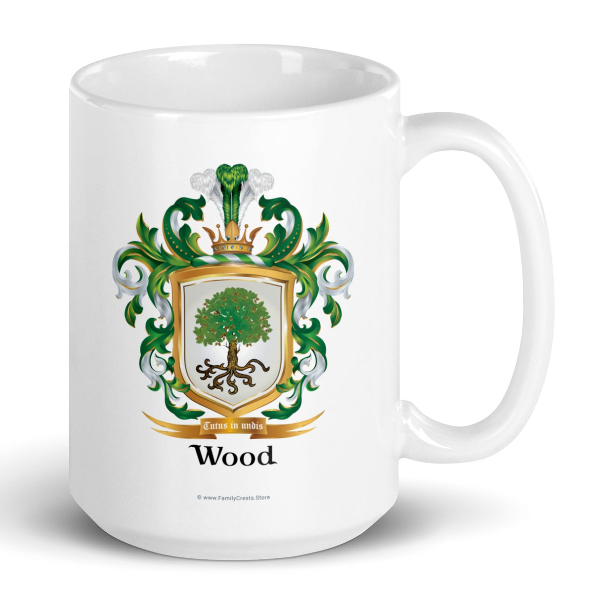 Wood Family Crest mug shoen on a simple plain white background - Family Crests Store