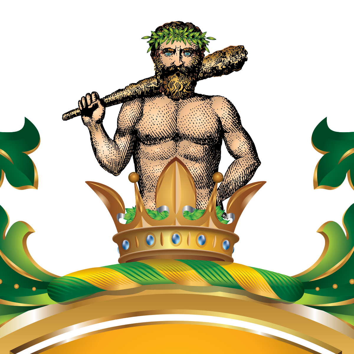 Close up of the Woods Family Crest featuring a bearded male figure with a green leafy crown, holding a large club over his shoulder, placed in a gold crown with green and gold mantling on a white background.