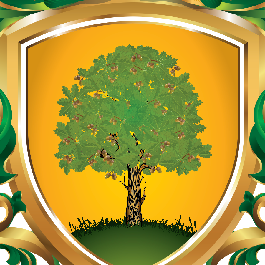 Close up of the Woods Family Crest featuring a green oak tree with leaves and acorns, s a detailed brown trunk centered inside a gold shield.