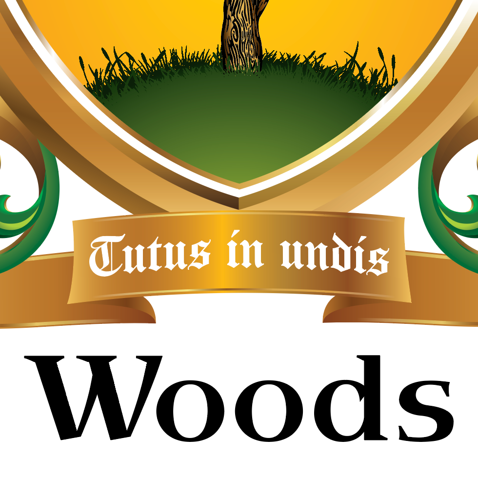 Close up of the Woods Family Crest with a tree on green grass against on a gold shield, and below that a gold motto ribbon reading 'Tutus in undis', and the word 'Woods' in large black serif text below on a white background.