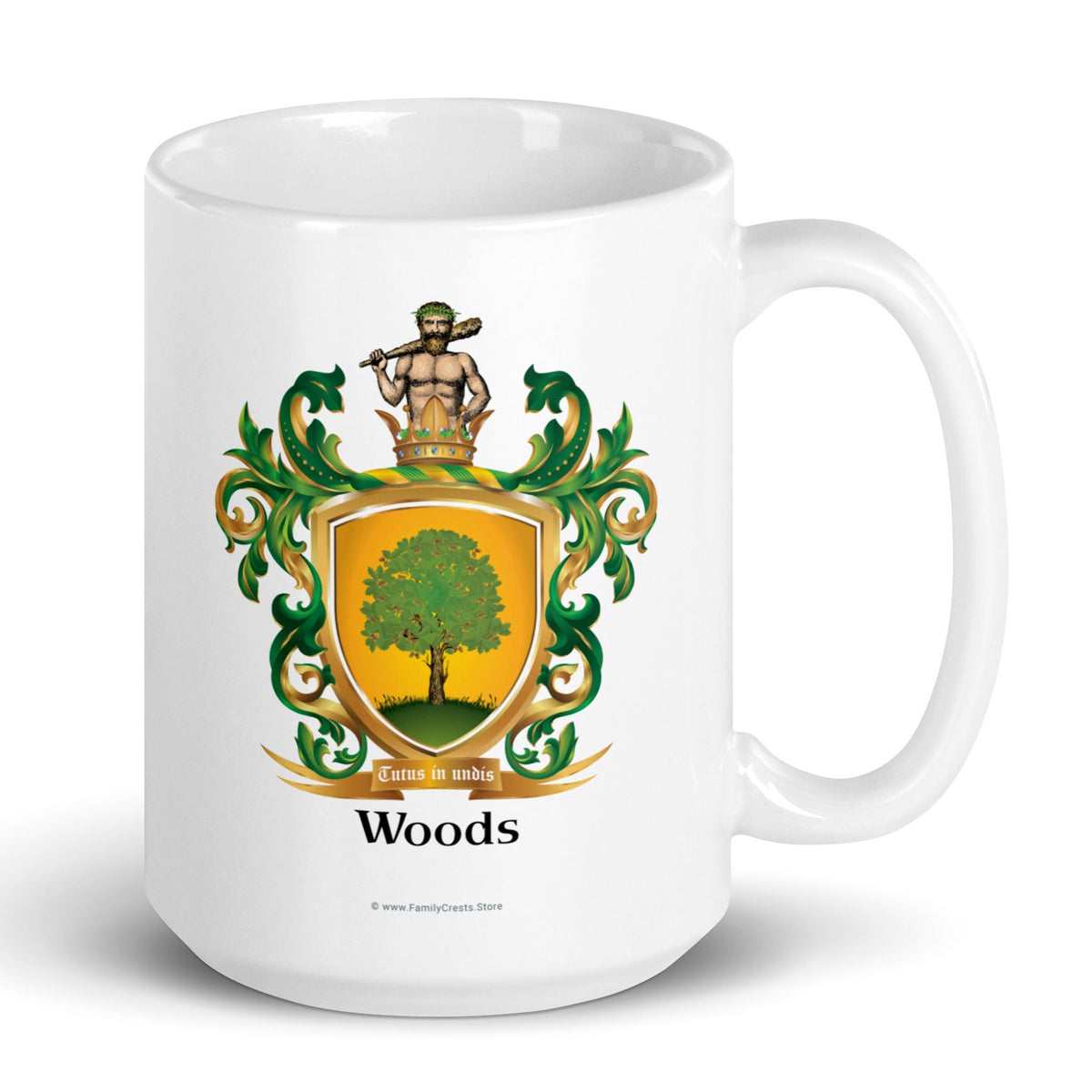Woods Family Crest mug with gold shield and oak tree - Family Crests Store