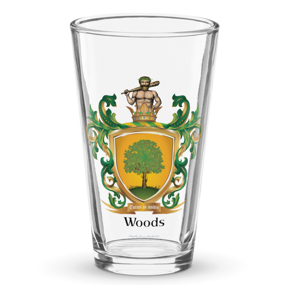 Woods Family Crest featuring an oak tree on a gold shield on beer glass - Family Crests Store