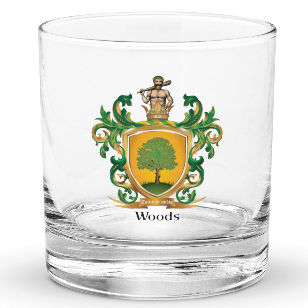 Woods Family Crest Rocks Glass with gold shield and oak tree - Family Crests Store