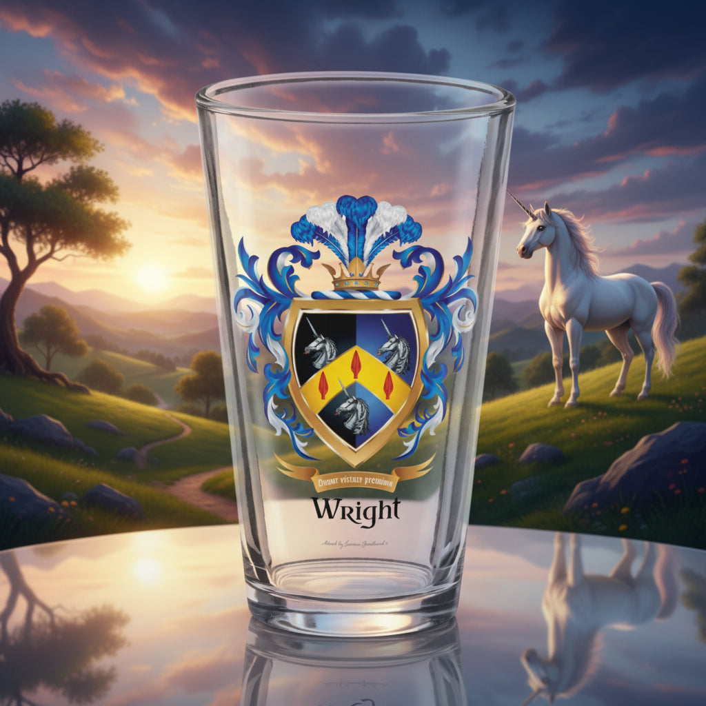 A clear pint glass featuring a printed Wright family crest with blue, gold, black, and red details, set on a glass tabletop and a landscape background