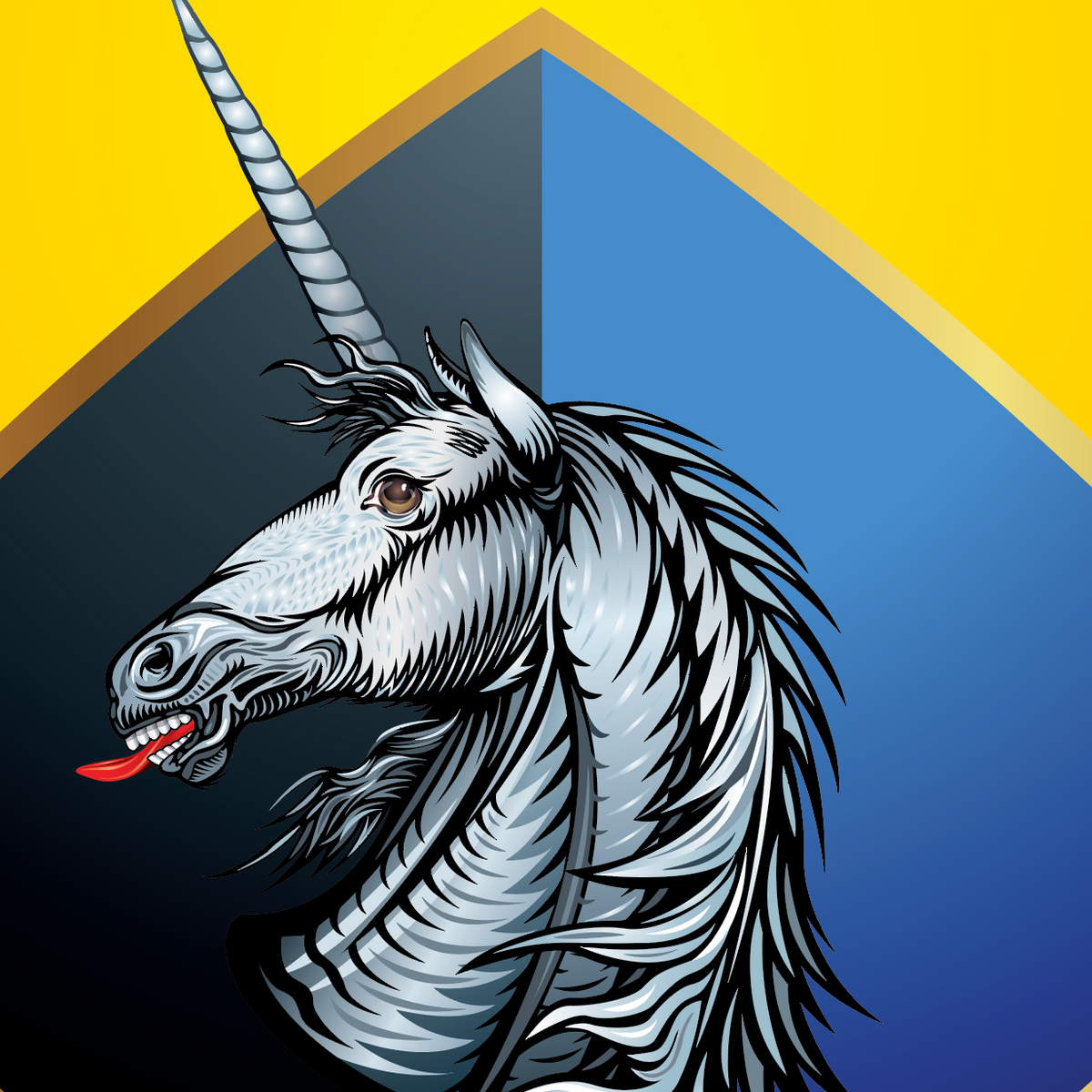 A closeup of the Wright Family Crest featuring a white unicorn head set against a slit black and blue background.