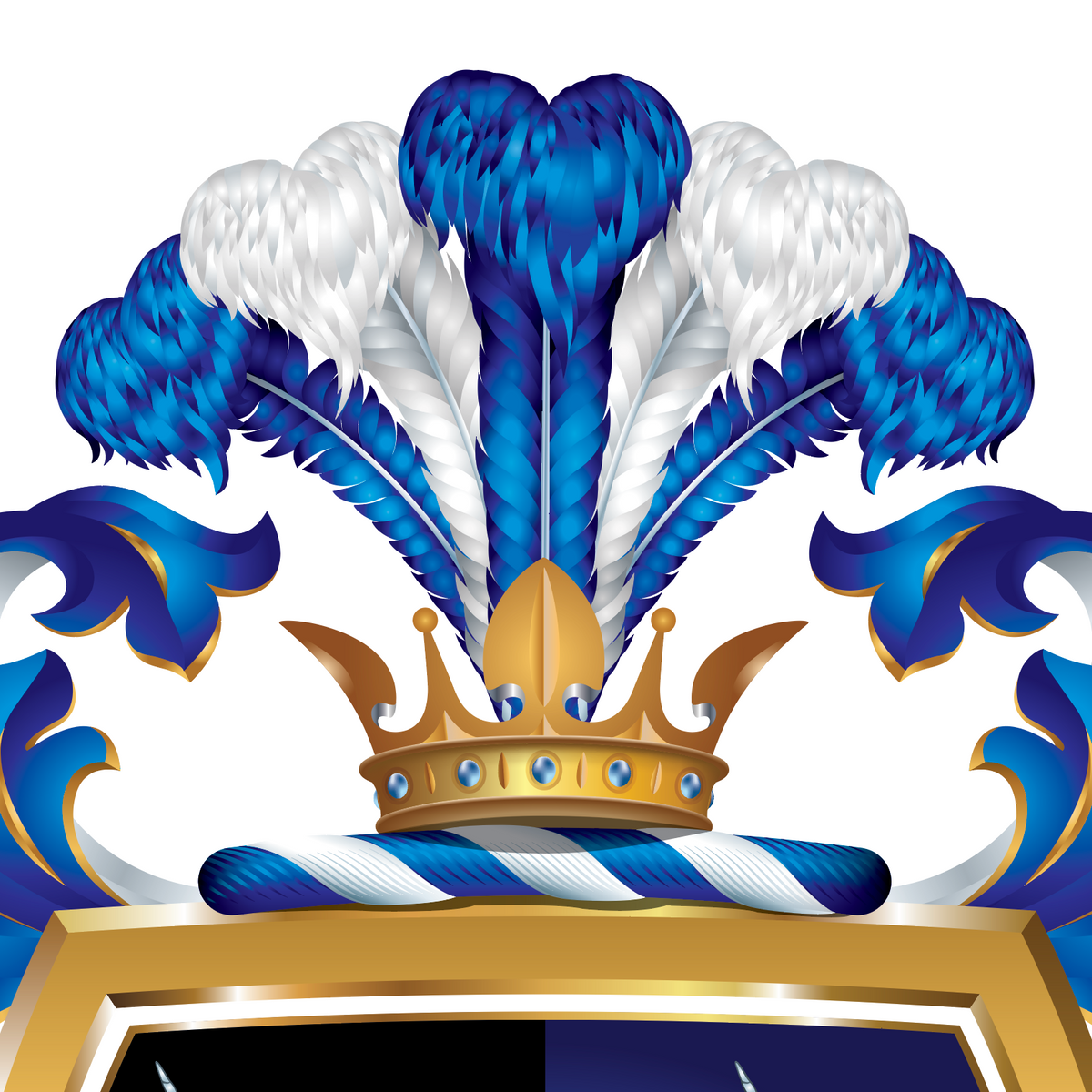 A closeup of a gold crown with blue and white feathers and mantling on the of the Wright family coat of arms, on a white background. 