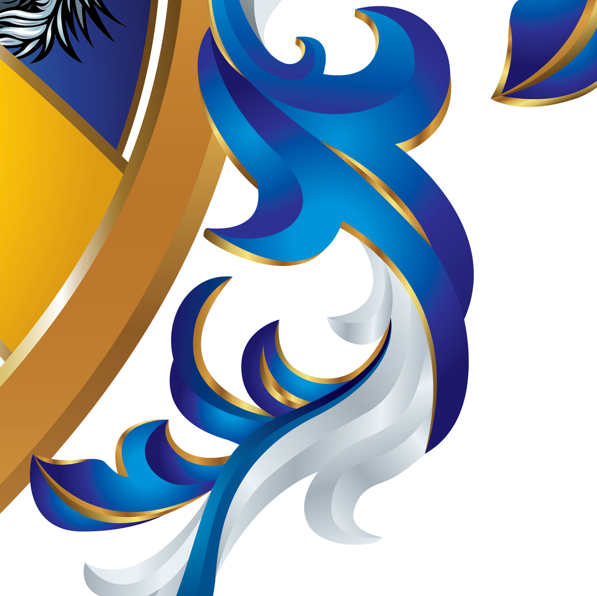A closeup of blue and white mantling on the Wright family coat of arms, on a white background. 