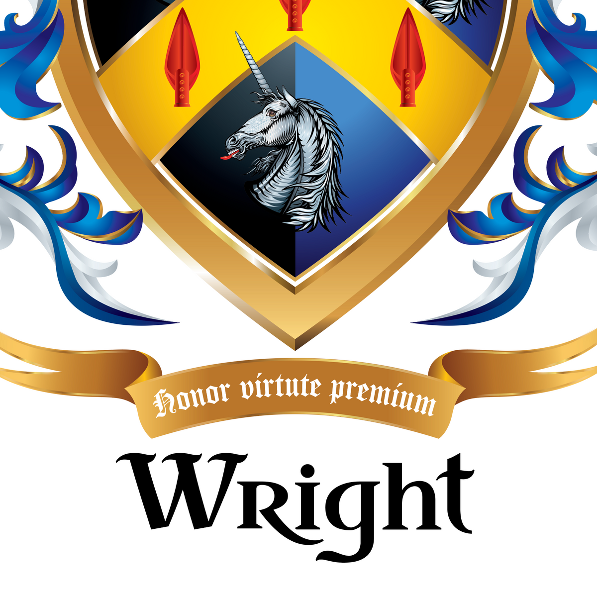 A closeup of the Wright Family Crest featuring a white unicorn head, a gold motto ribbon reading 'Honor virtute premium,' and the family name 'Wright' below in large black letters on a white background.