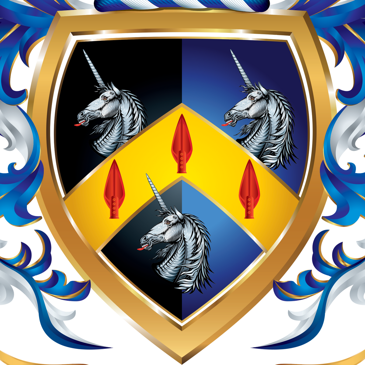 A closeup of the Wright Family Crest featuring three white unicorns on a split black and blue shield with three red arrows on a gold chevron and blue and white mantling all around.