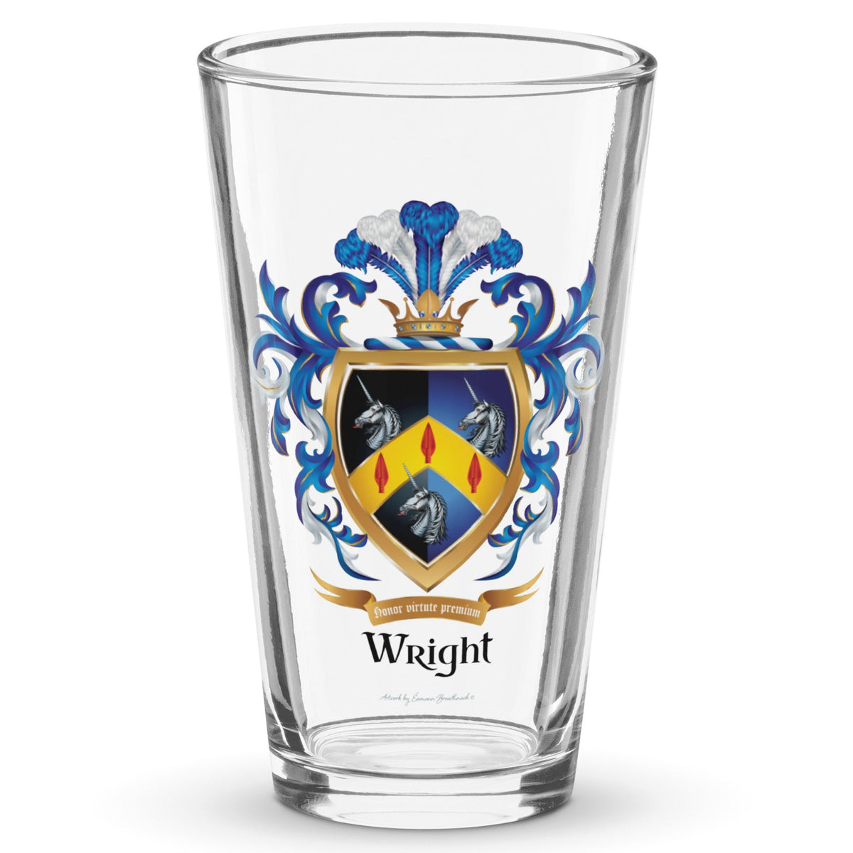 A classic plain beer glass with the Wright Family Crest featuring three white unicorns on a split black and blue shield with three red arrows on a gold chevron and blue and white mantling all around.