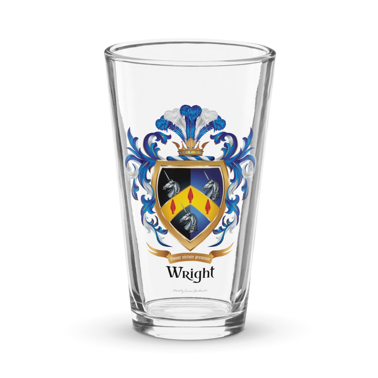 A plain beer glass with a Wright Family Crest on the front pictured against a whio e background