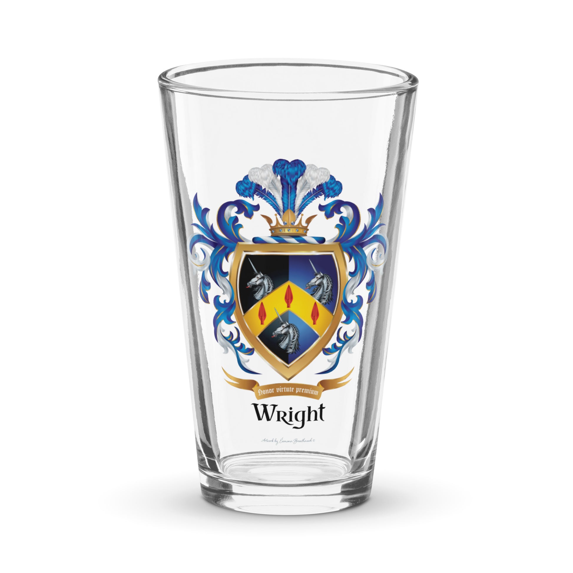 A plain beer glass with a Wright Family Crest on the front pictured against a whio e background