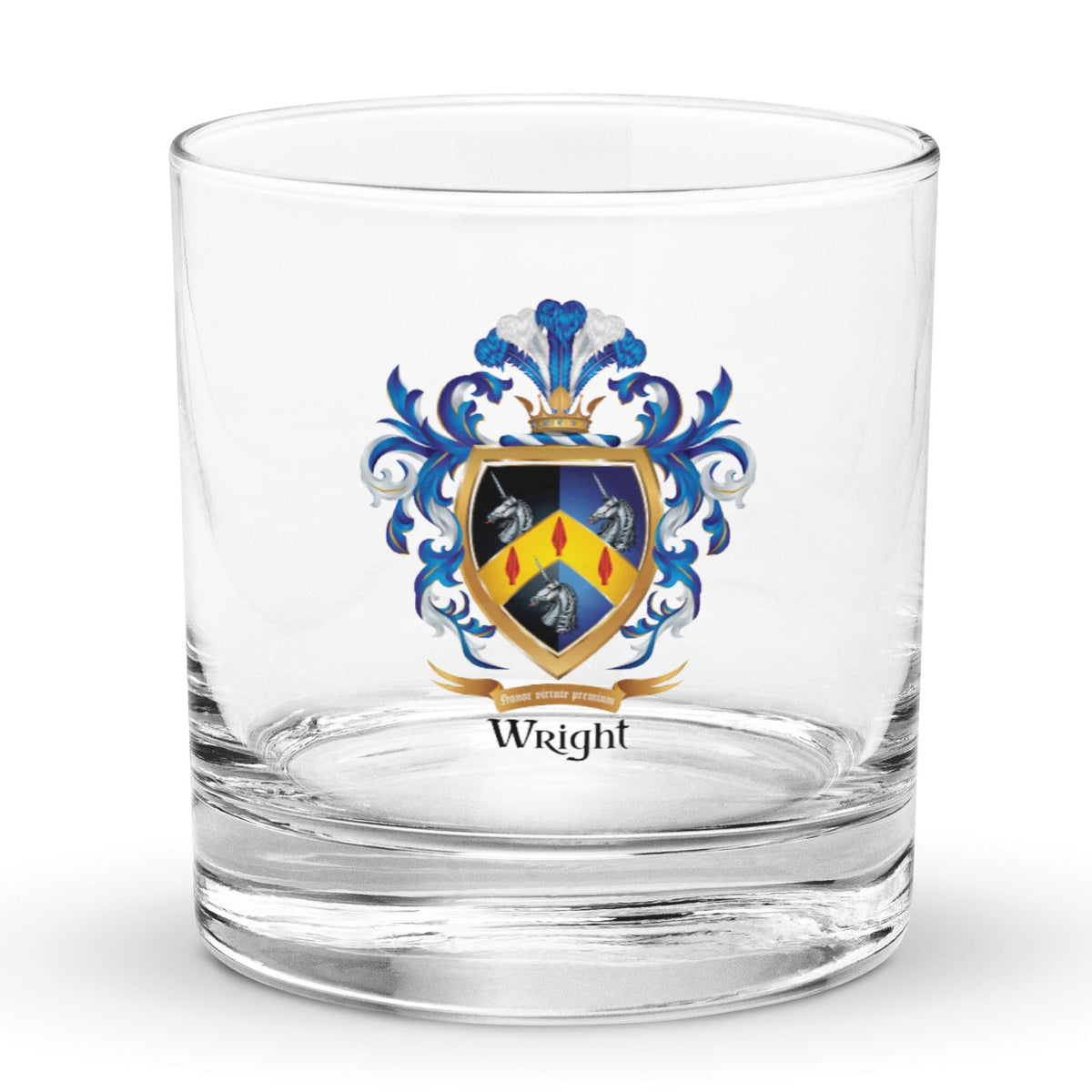 A classic heavy base rocks whiskey glass with the Wright Family Crest featuring three white unicorns on a split black and blue shield with three red arrows on a gold chevron and blue and white mantling all around.
