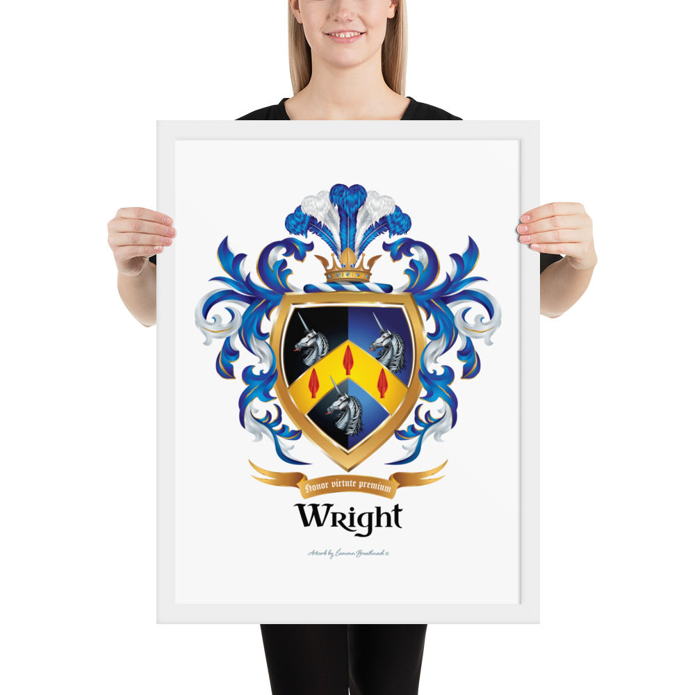 A woman holding a white framed print of the Wright Family Crest featuring three white unicorns on a split black and blue shield with three red arrows on a gold chevron and blue and white mantling all around.