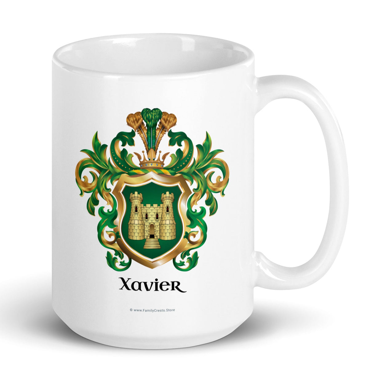 A white mug with the Xavier Family Crest featuring a gold castle on a green shield and the name Xavier in black below