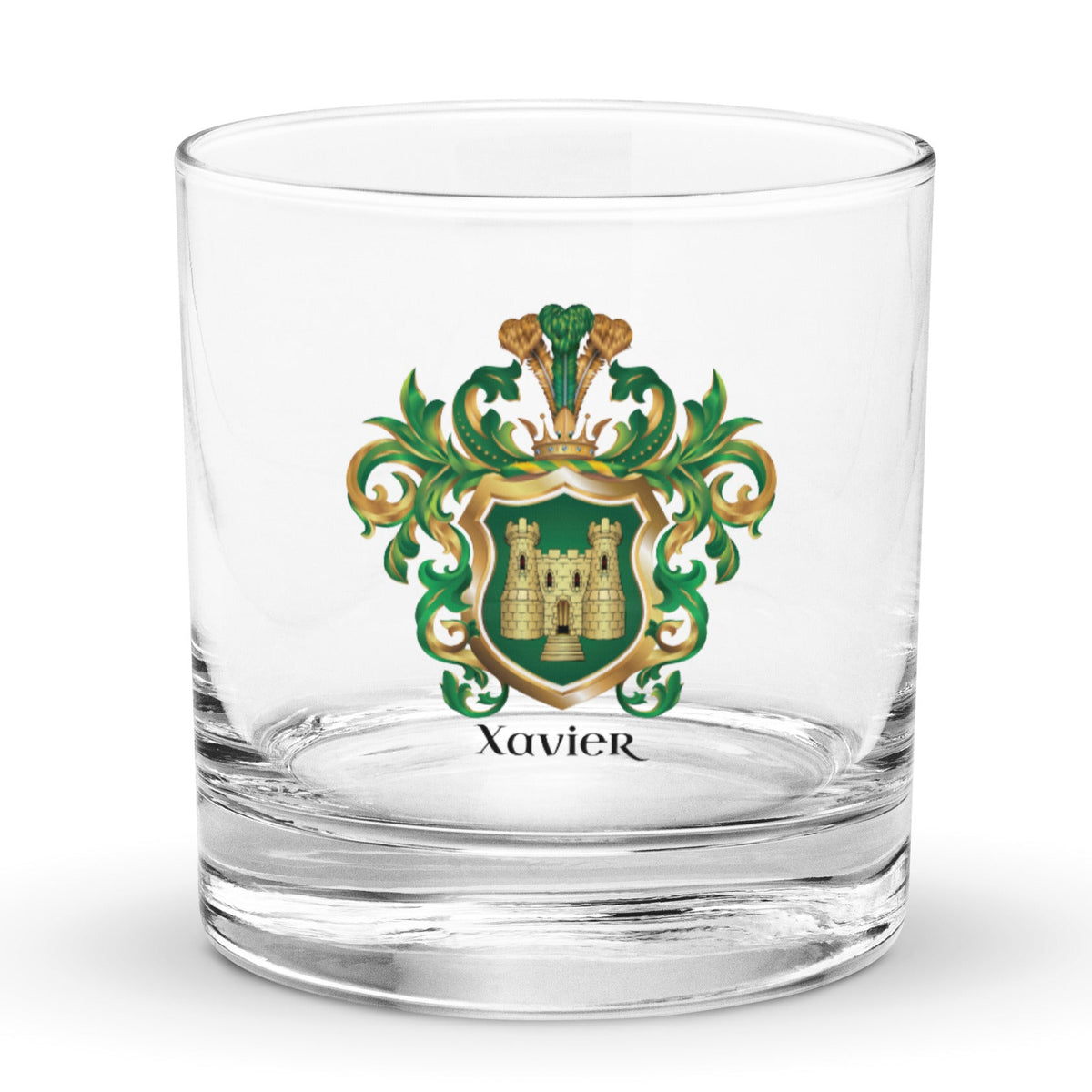 Xavier Family Crest with a gold castle on a green shield printed on a classic heavy bottom rocks glass - Family Crests Store