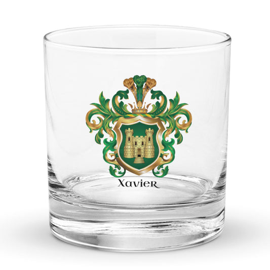 Xavier Family Crest with a gold castle on a green shield printed on a classic heavy bottom rocks glass - Family Crests Store