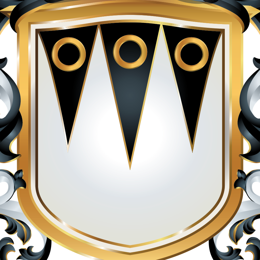 A decorative heraldic shield emblem with a gold border, a white center, three black inverted triangles, and three gold circular details at the top, surrounded by ornate black mantling on a white background.
