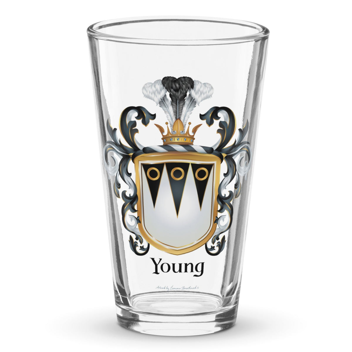 Clear beer glass featuring the Young English coat of arms, ornate black and silver mantling, and a gold coronet crest.