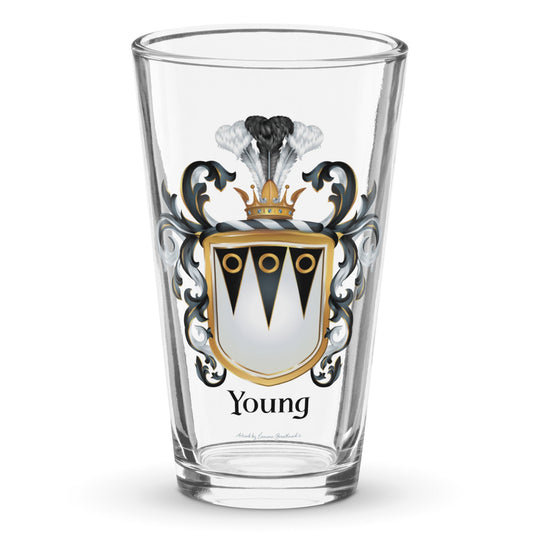 Clear beer glass featuring the Young English coat of arms, ornate black and silver mantling, and a gold coronet crest.