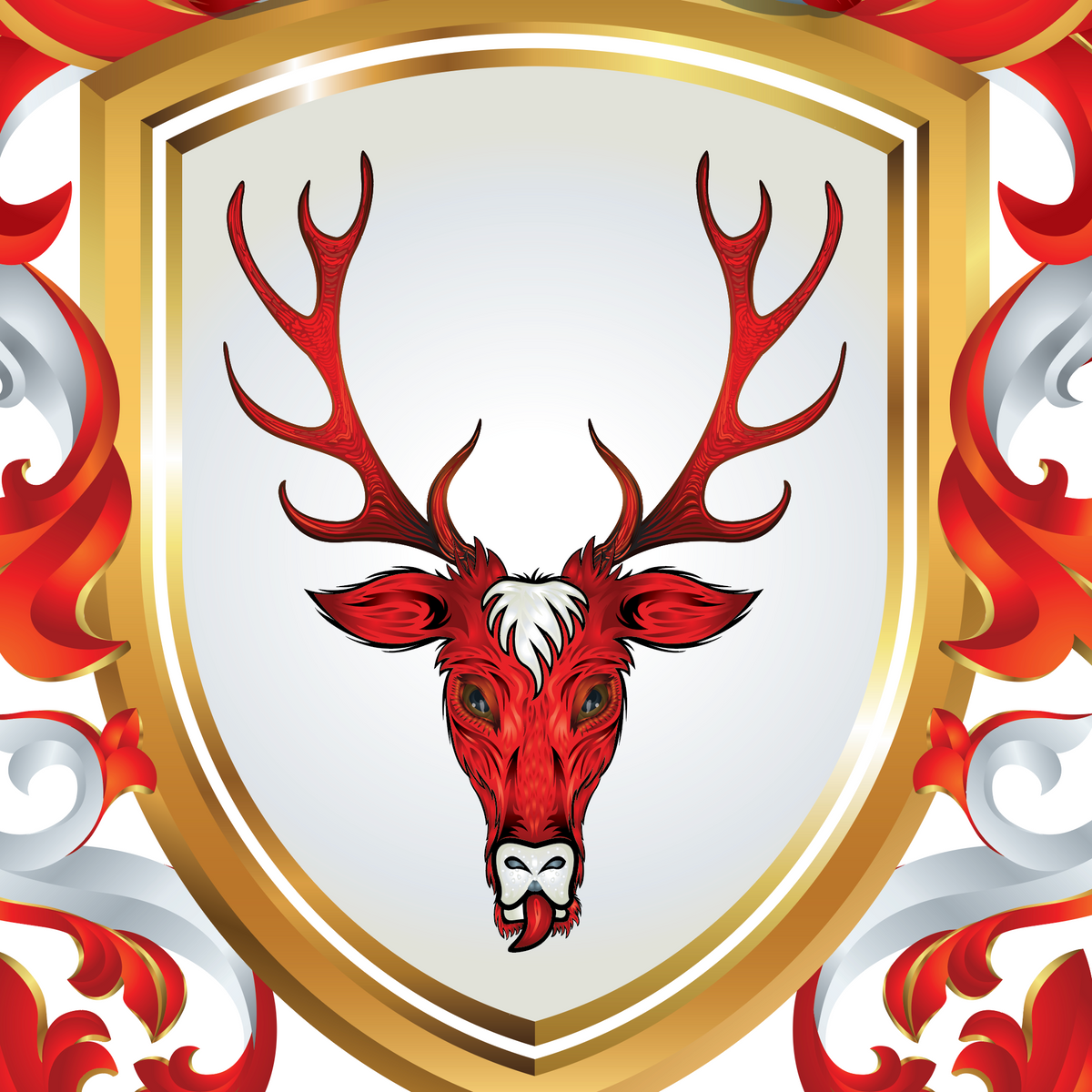 A heraldic shield emblem featuring a red stag head with large antlers on a white field, surrounded by a gold shield border and red-and-white scrollwork.