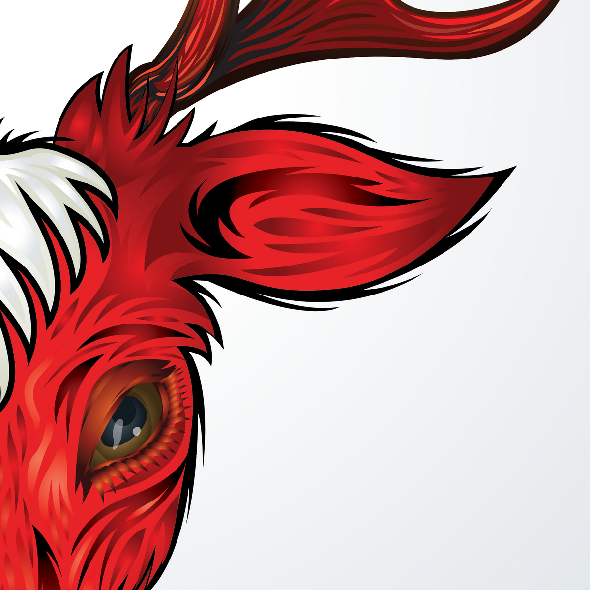 A stylized close-up illustration of a red horned animal head, likely a goat or ram, with a white blaze on the face and a detailed brown eye, set against a plain light gray background.
