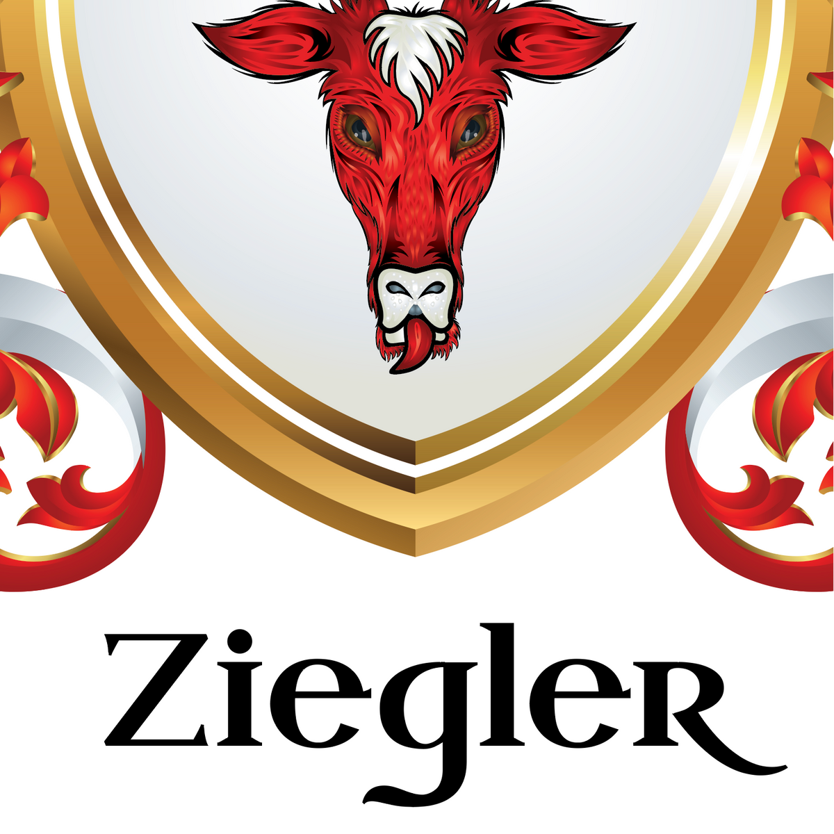 A stylized red deer head crest inside a gold rimmed white shield with decorative red scrollwork, above the word 'Ziegler' in black serif lettering on a white background.