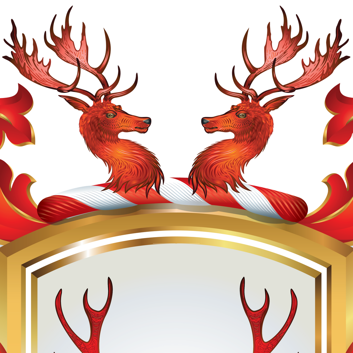 A close up of the Ziegler-coat-of-arms featuring two red deer heads with large antlers above a gold and white shield, with red and white striped elements and red decorative shapes on a white background.