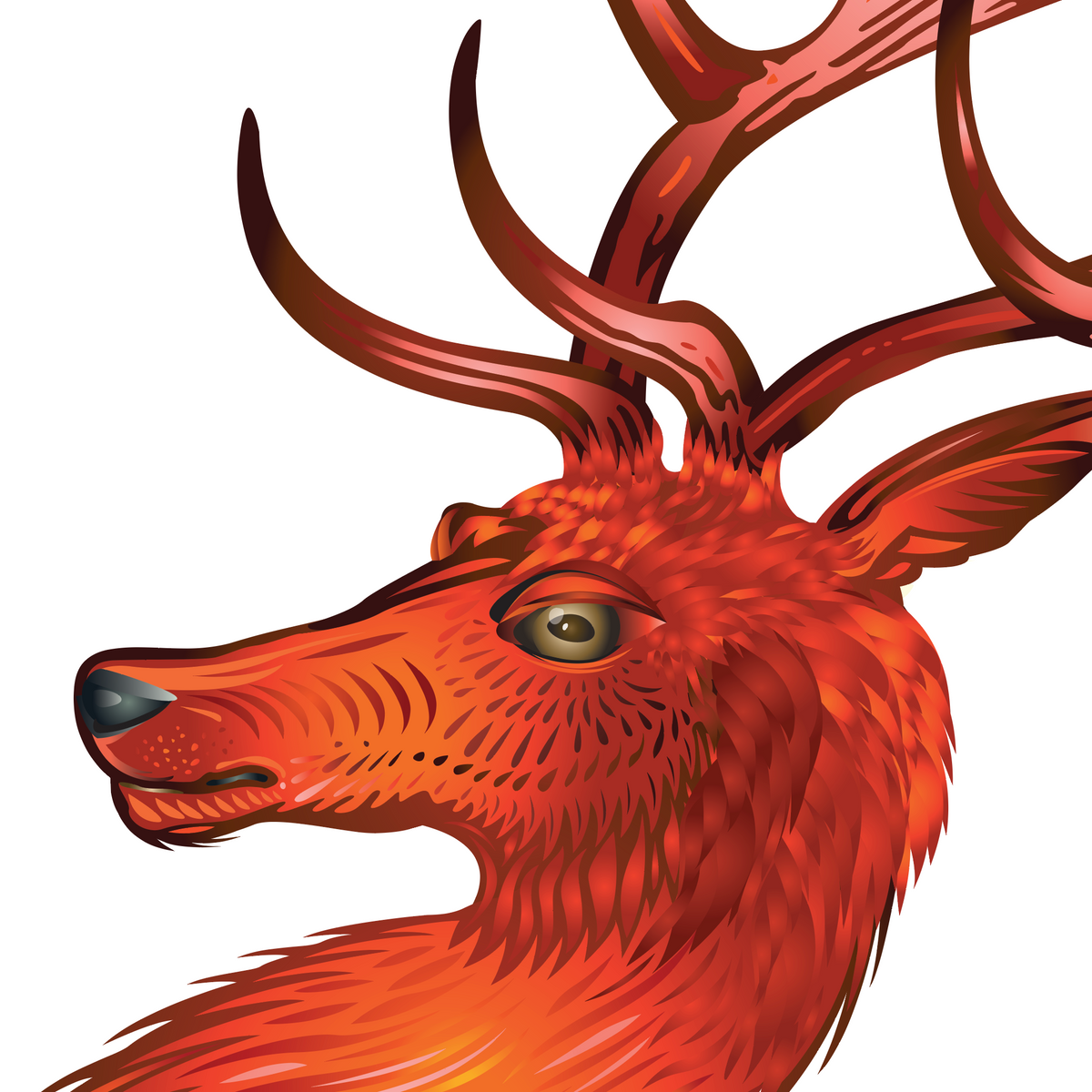 A stylized illustration of a red deer head with large antlers, shown in profile against a solid black background.