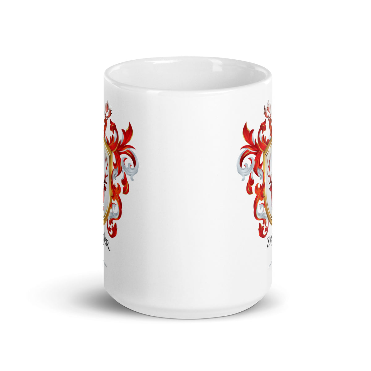 Ziegler Family Crest mug showing that the crest is printed twice on the mug