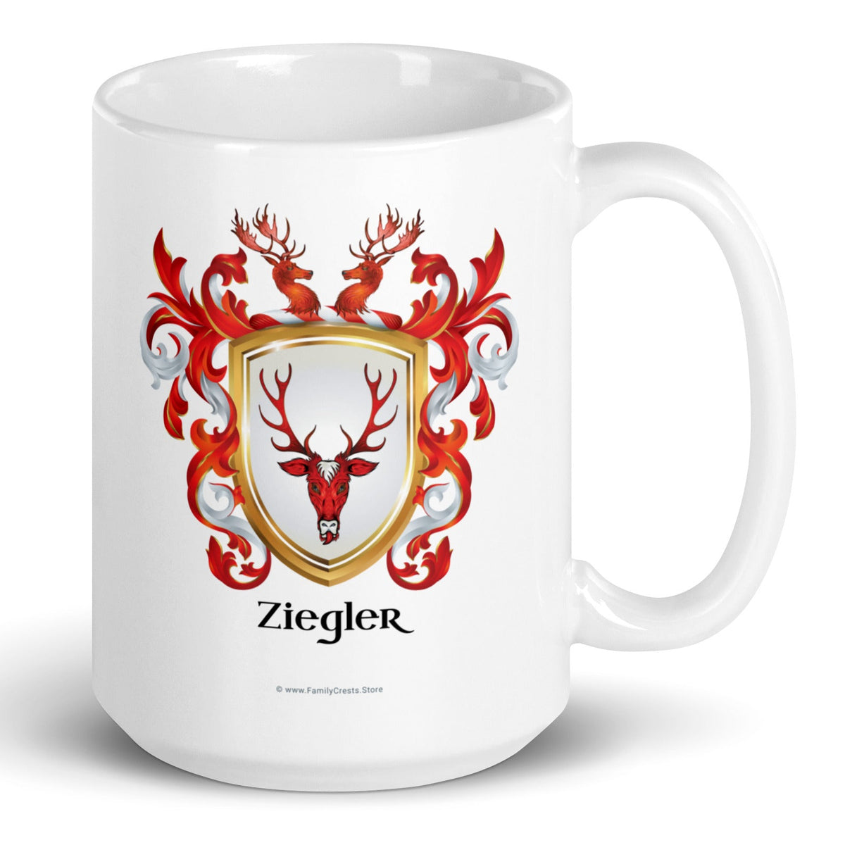 A white mug with a slightly beveled base  that has the Ziegler Family Crest featuring a red stag’s head on a white shield printed  on the mug.