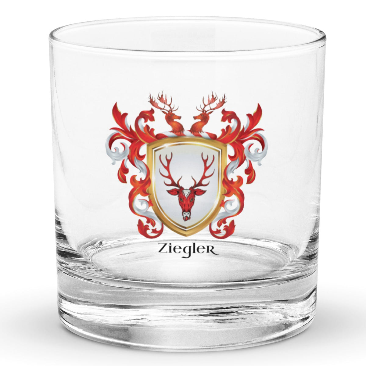 A classic Rocks Glass with a heavy base that has the Ziegler Family Crest featuring a red stag’s head on a white shield printed  the front of the glass.
