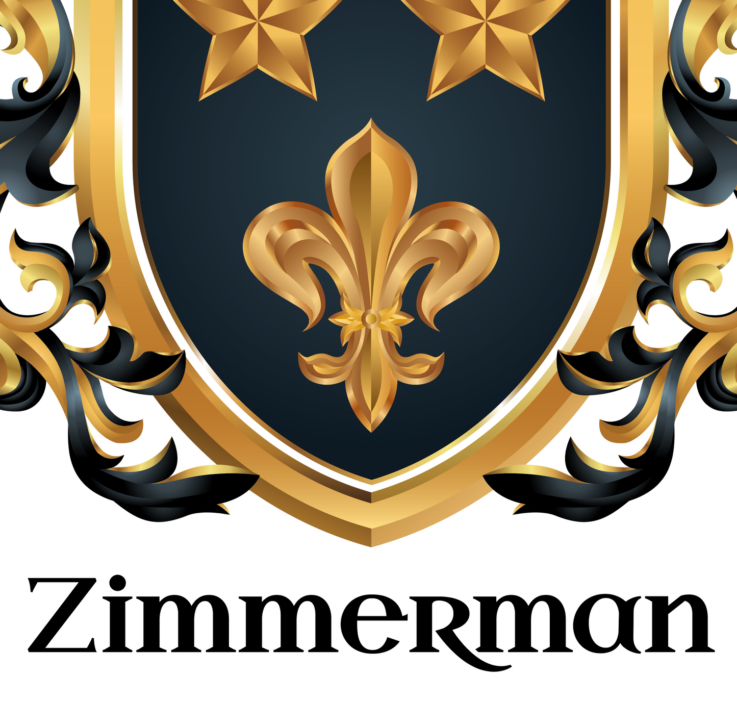 Zimmerman closeup of family crest of a gold fleur-de-lis and two gold stars on a dark black shield, framed by ornate gold and black scrollwork, with the word 'Zimmerman' in black serif text below on a white background.
