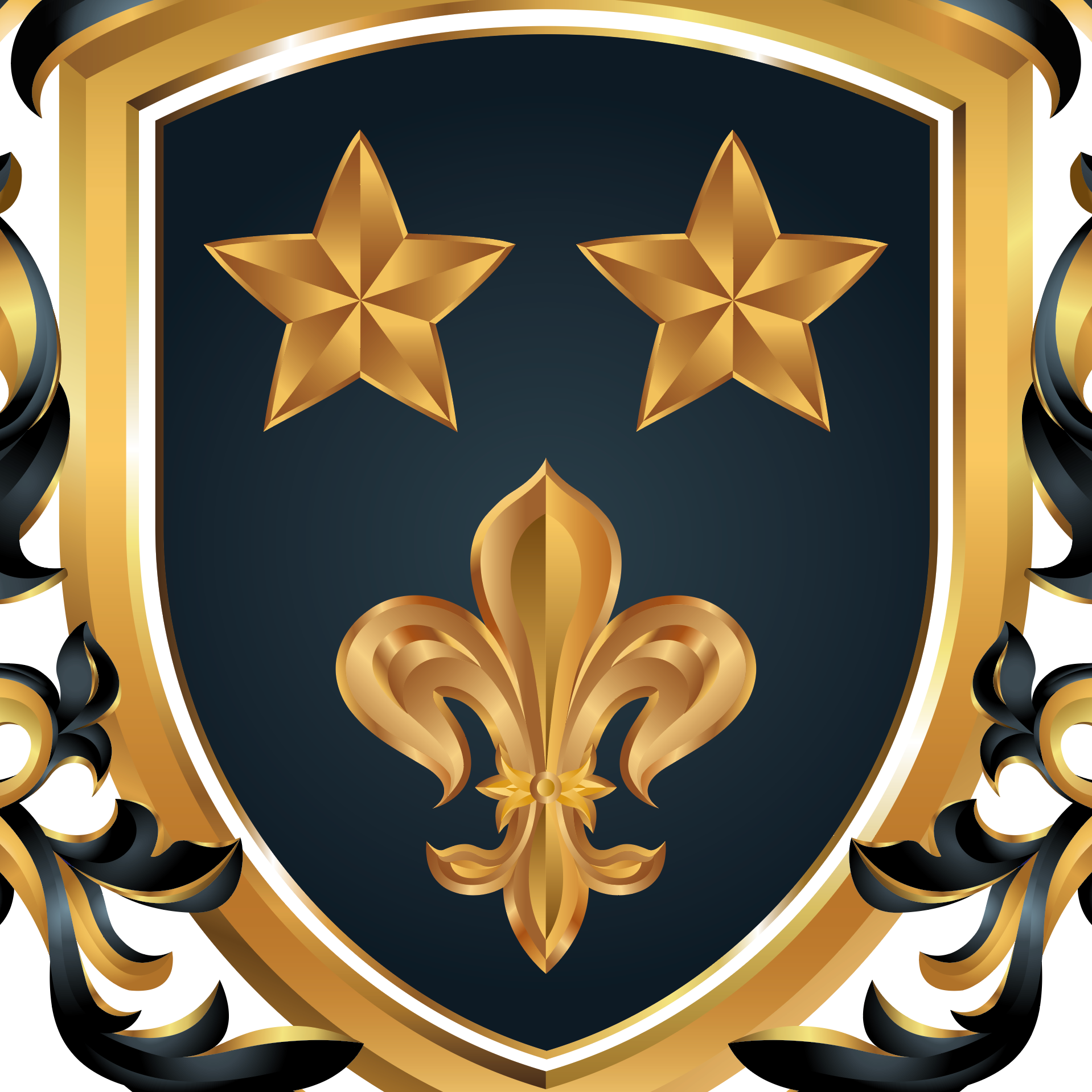A closeup of the Zimmerman coat of arms featuring a gold fleur-de-lis and two gold stars on a dark navy blue background, framed by an ornate gold and black scrollwork border.