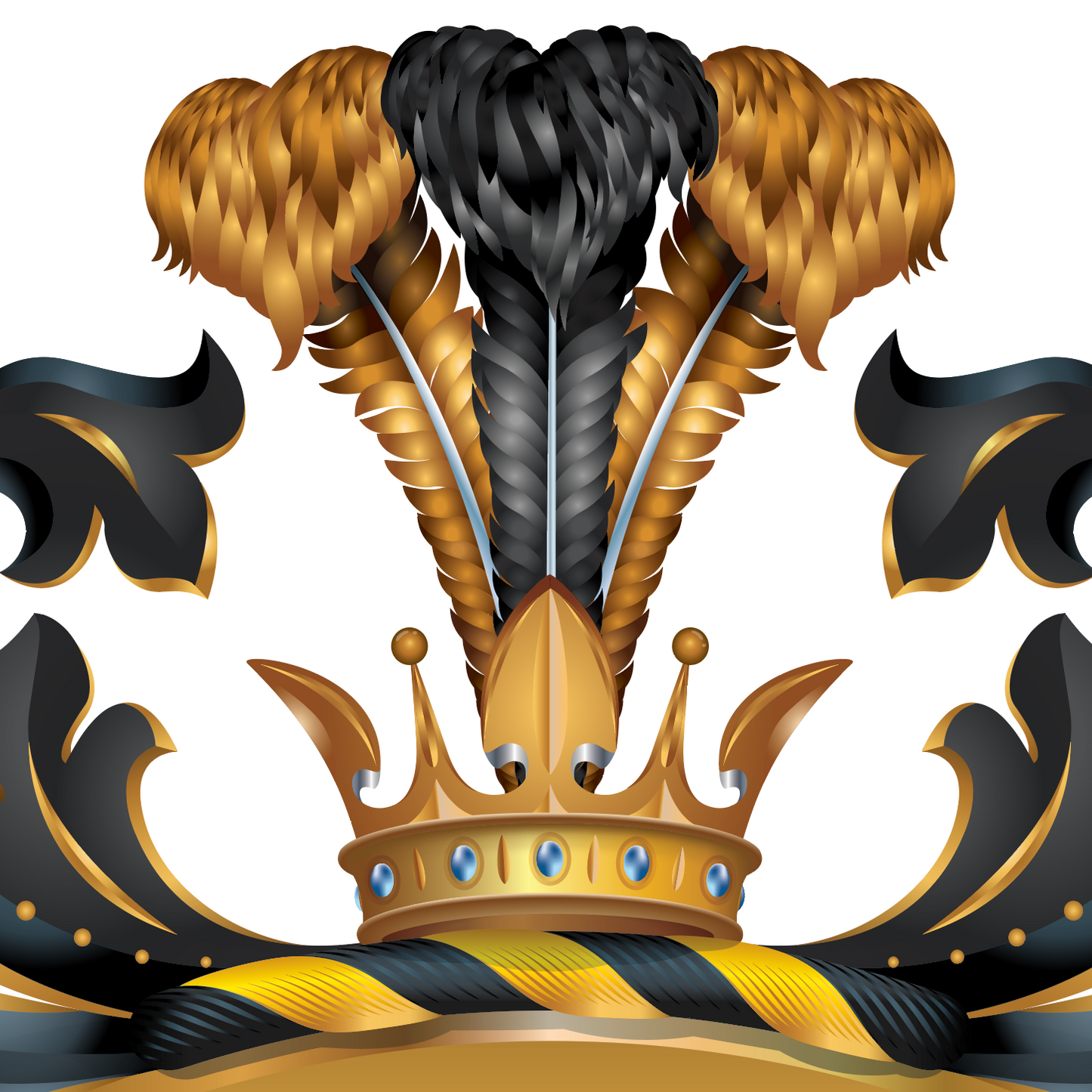 A closeup of the Zimmerman coat of arms featuring a gold crown, black and gold feathers, and ornate gold and black scrollwork on a white background.