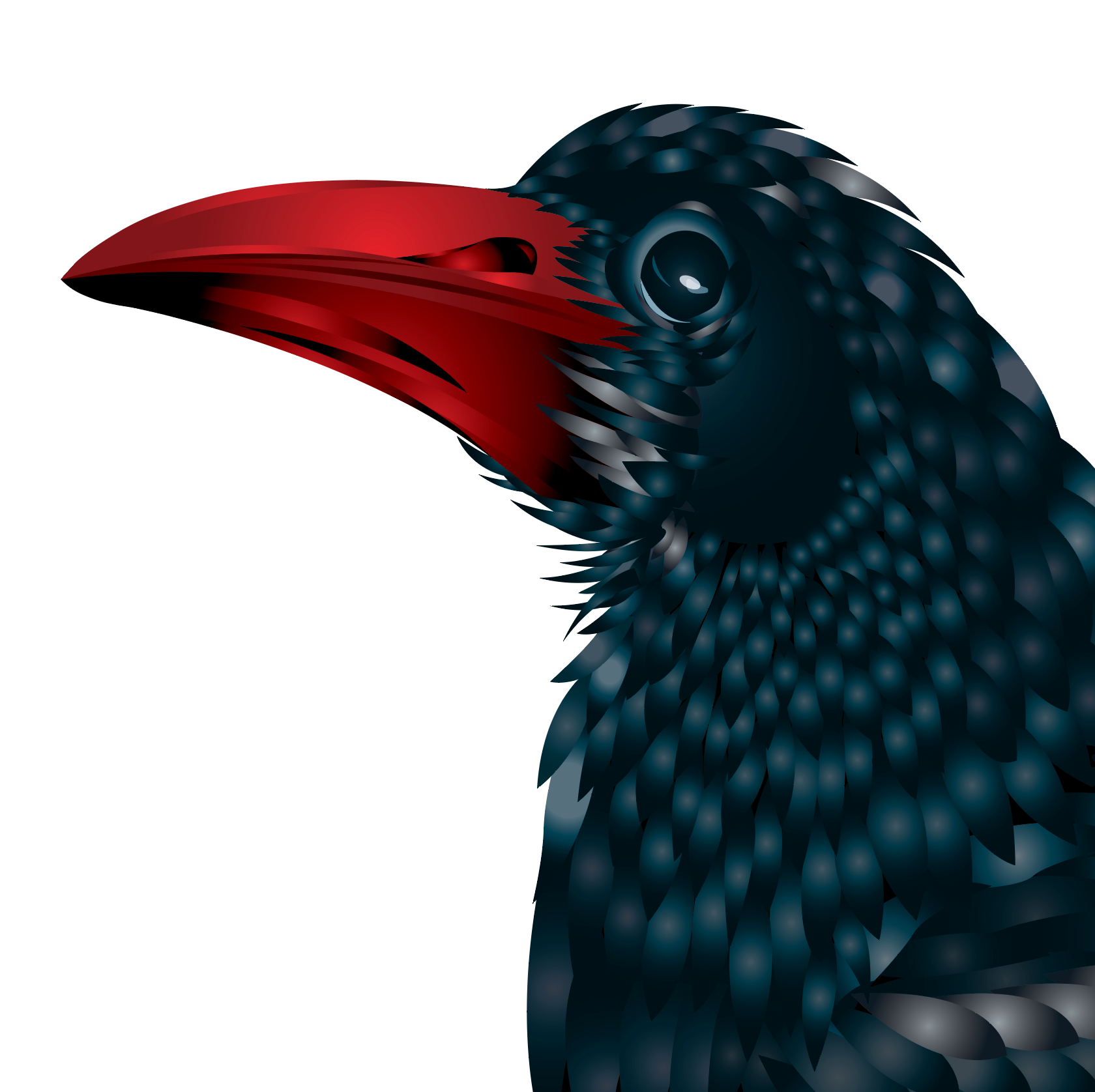 Close-up of a detail from Thomas Family Crest, a bird with a red beak on a white background.